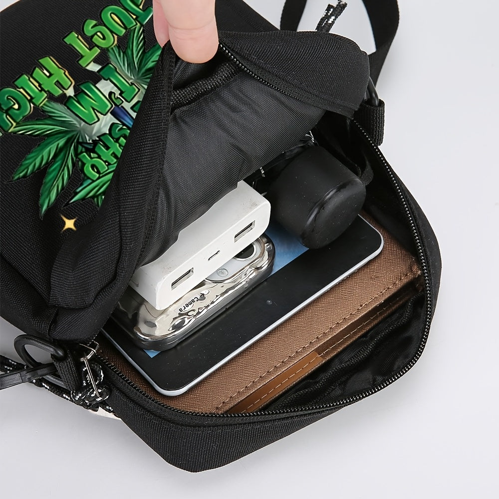 Men's Black Oxford Crossbody Bag with Leaf & "Not Cheap Just Rich" Print - Adjustable Strap, Compact Minimalist Design for Daily Commute & Casual Outings, Casual Shoulder Bag | Unique Graphic Bag | Stylish Leaf Design