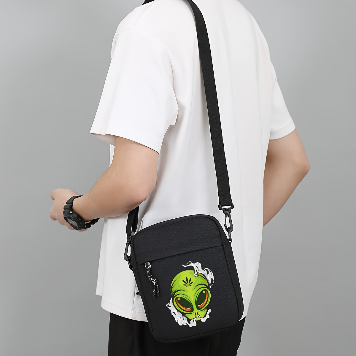 Casual Oxford Shoulder Bag for Men, Halloween Theme Crossbody Sling with Alien Cannabis Design, Business Messenger Bag with Adjustable Strap, Durable - Black