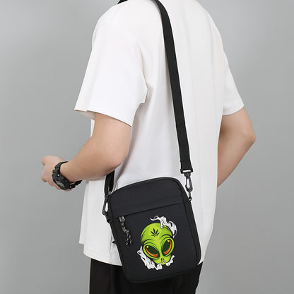 Casual Oxford Shoulder Bag for Men, Halloween Theme Crossbody Sling with Alien Cannabis Design, Business Messenger Bag with Adjustable Strap, Durable - Black
