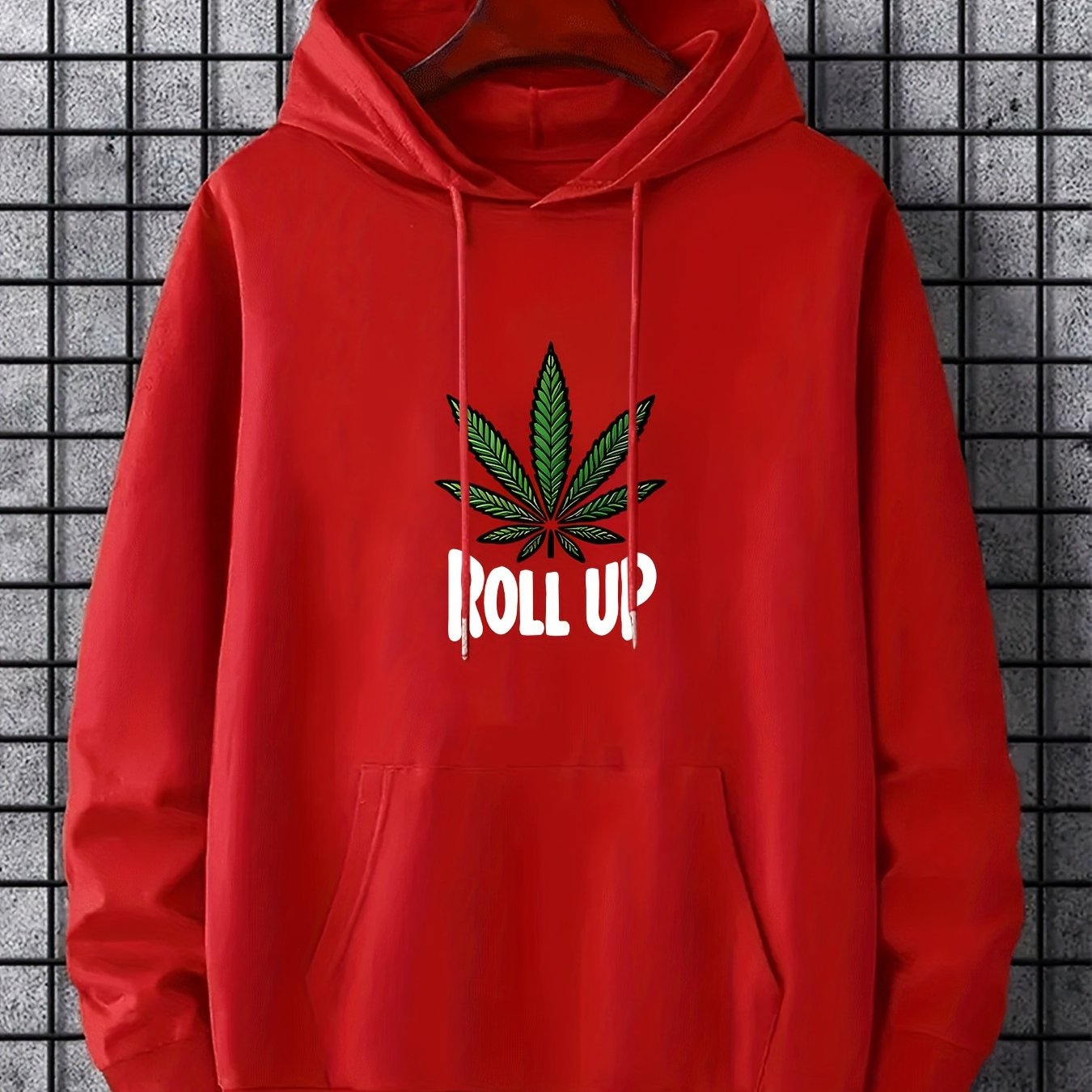 Men's Polyester Hooded Sweatshirt with Geometric Leaf Applique, Sports Style Active Hoodie with Slight Stretch, Regular Fit Knit Fabric Pullover - Casual Hip Hop Streetwear