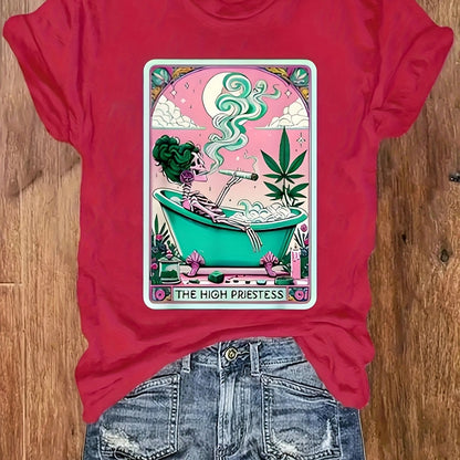 Casual Short-Sleeve Round-Neck T-Shirt with Weed-Themed Print