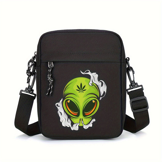 Casual Oxford Shoulder Bag for Men, Halloween Theme Crossbody Sling with Alien Cannabis Design, Business Messenger Bag with Adjustable Strap, Durable - Black