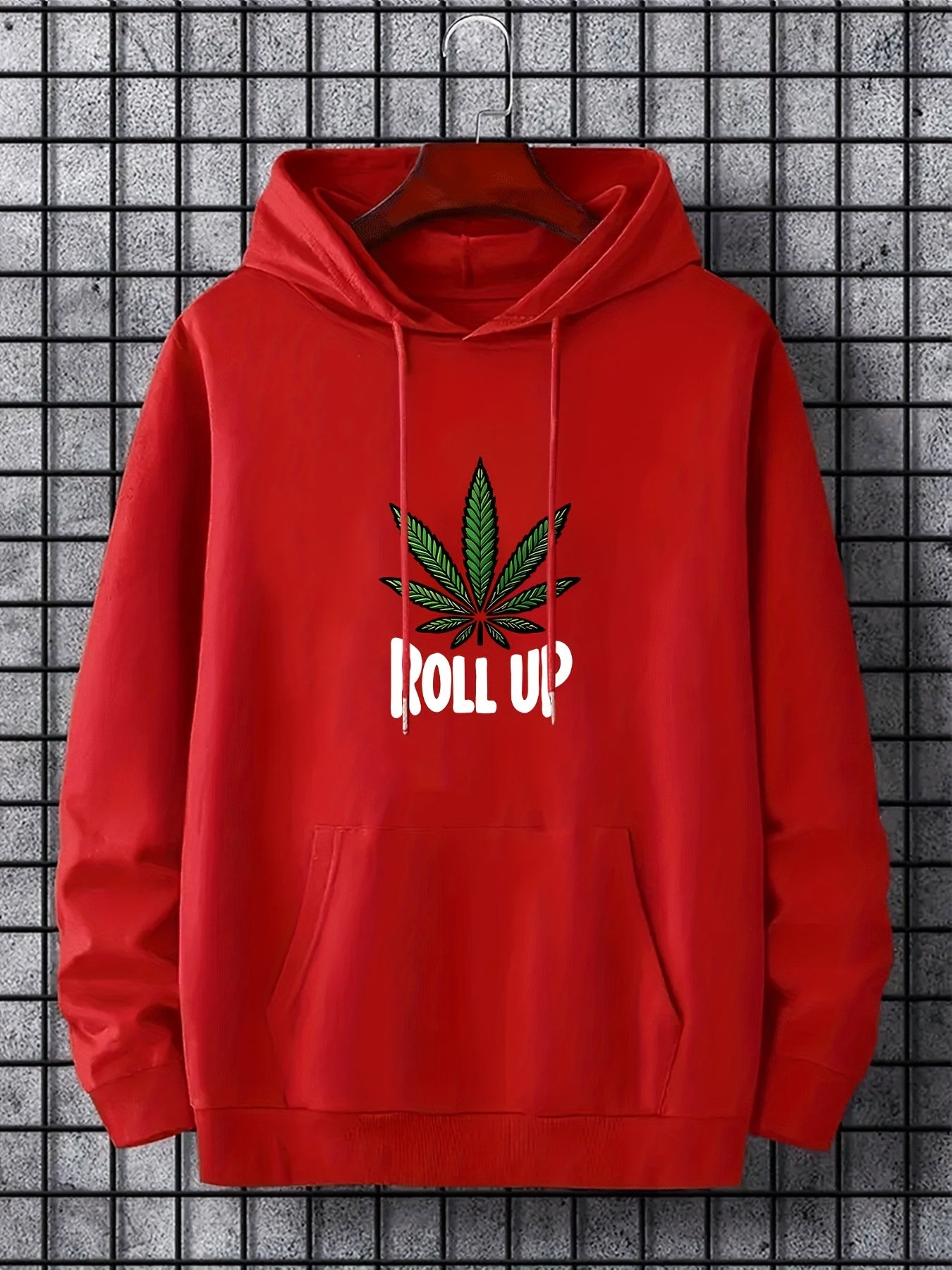 Men's Polyester Hooded Sweatshirt with Geometric Leaf Applique, Sports Style Active Hoodie with Slight Stretch, Regular Fit Knit Fabric Pullover - Casual Hip Hop Streetwear