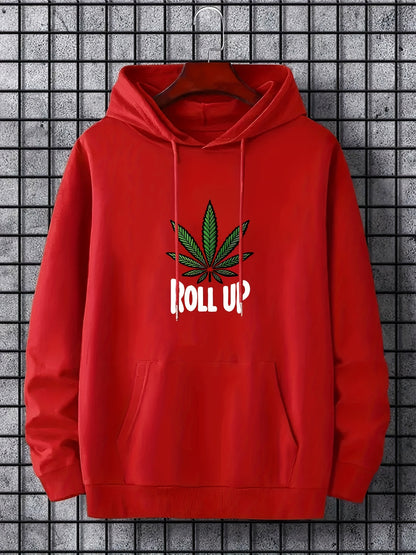 Men's Polyester Hooded Sweatshirt with Geometric Leaf Applique, Sports Style Active Hoodie with Slight Stretch, Regular Fit Knit Fabric Pullover - Casual Hip Hop Streetwear