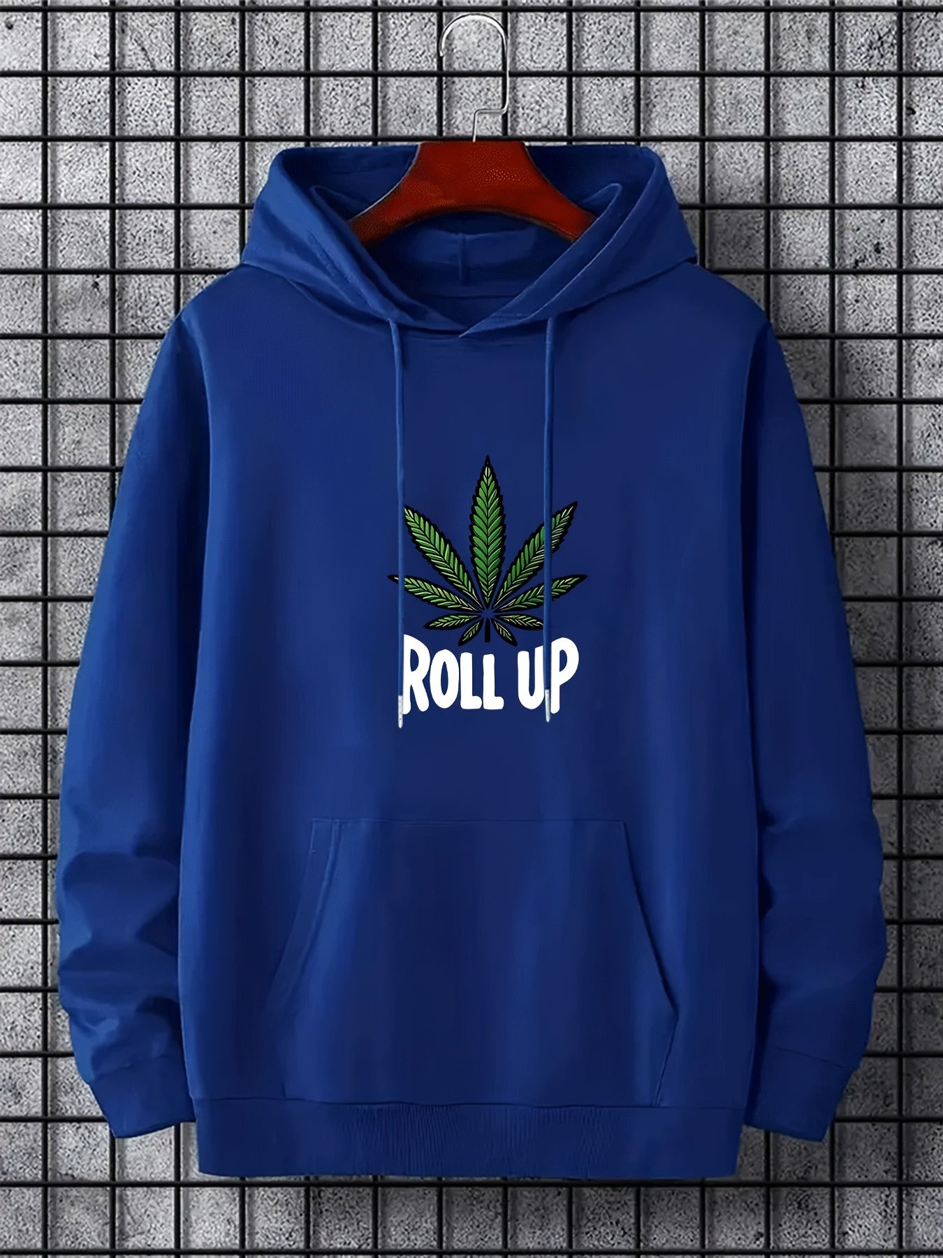 Men's Polyester Hooded Sweatshirt with Geometric Leaf Applique, Sports Style Active Hoodie with Slight Stretch, Regular Fit Knit Fabric Pullover - Casual Hip Hop Streetwear