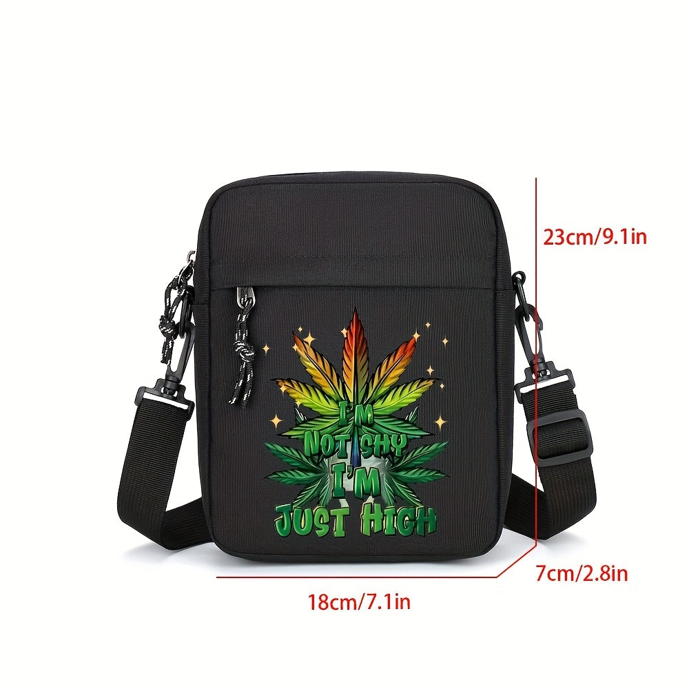 Men's Black Oxford Crossbody Bag with Leaf & "Not Cheap Just Rich" Print - Adjustable Strap, Compact Minimalist Design for Daily Commute & Casual Outings, Casual Shoulder Bag | Unique Graphic Bag | Stylish Leaf Design