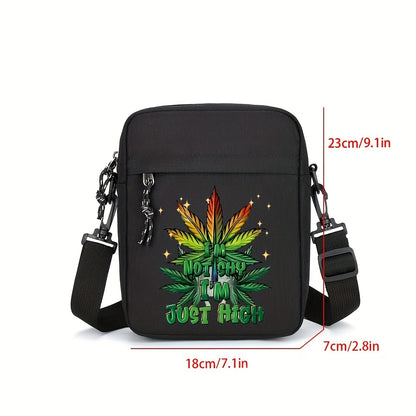 Men's Black Oxford Crossbody Bag with Leaf & "Not Cheap Just Rich" Print - Adjustable Strap, Compact Minimalist Design for Daily Commute & Casual Outings, Casual Shoulder Bag | Unique Graphic Bag | Stylish Leaf Design