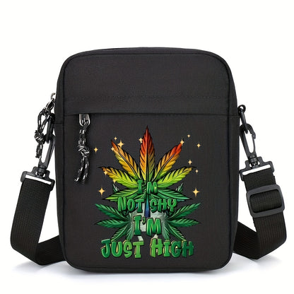 Men's Black Oxford Crossbody Bag with Leaf & "Not Cheap Just Rich" Print - Adjustable Strap, Compact Minimalist Design for Daily Commute & Casual Outings, Casual Shoulder Bag | Unique Graphic Bag | Stylish Leaf Design
