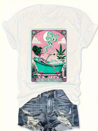 Casual Short-Sleeve Round-Neck T-Shirt with Weed-Themed Print