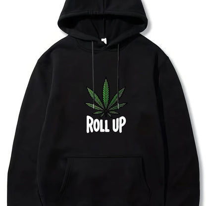 Men's Polyester Hooded Sweatshirt with Geometric Leaf Applique, Sports Style Active Hoodie with Slight Stretch, Regular Fit Knit Fabric Pullover - Casual Hip Hop Streetwear