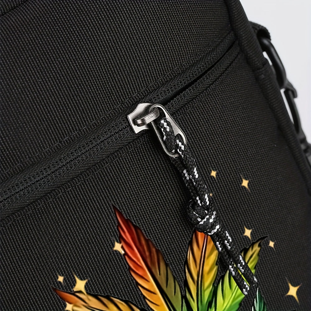 Men's Black Oxford Crossbody Bag with Leaf & "Not Cheap Just Rich" Print - Adjustable Strap, Compact Minimalist Design for Daily Commute & Casual Outings, Casual Shoulder Bag | Unique Graphic Bag | Stylish Leaf Design