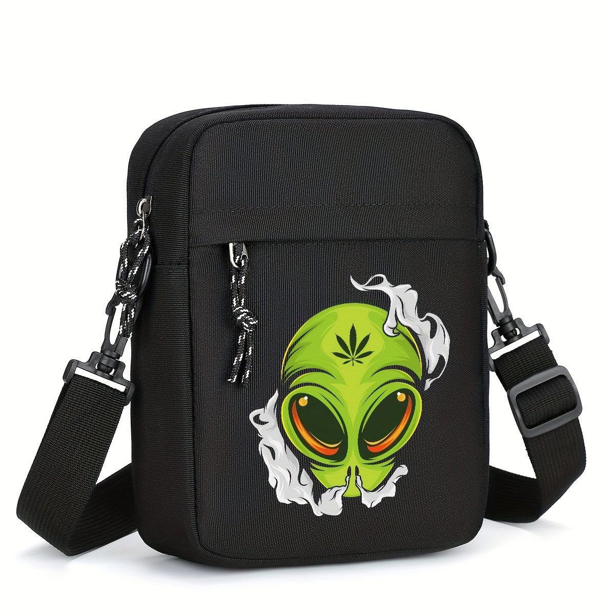 Casual Oxford Shoulder Bag for Men, Halloween Theme Crossbody Sling with Alien Cannabis Design, Business Messenger Bag with Adjustable Strap, Durable - Black