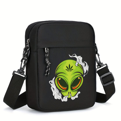 Casual Oxford Shoulder Bag for Men, Halloween Theme Crossbody Sling with Alien Cannabis Design, Business Messenger Bag with Adjustable Strap, Durable - Black