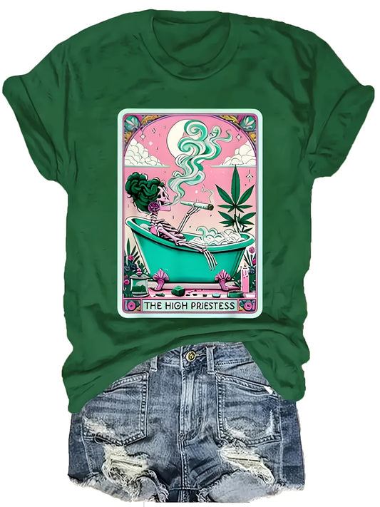 Casual Short-Sleeve Round-Neck T-Shirt with Weed-Themed Print