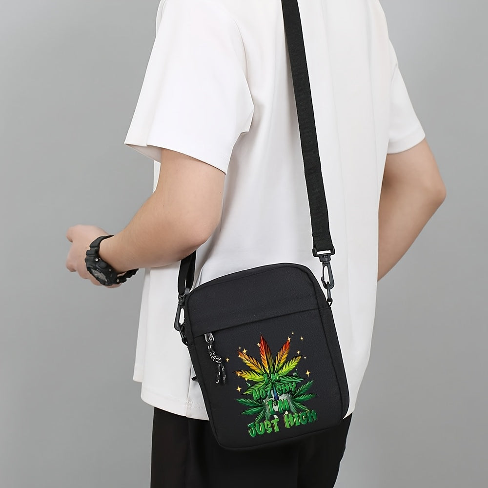 Men's Black Oxford Crossbody Bag with Leaf & "Not Cheap Just Rich" Print - Adjustable Strap, Compact Minimalist Design for Daily Commute & Casual Outings, Casual Shoulder Bag | Unique Graphic Bag | Stylish Leaf Design