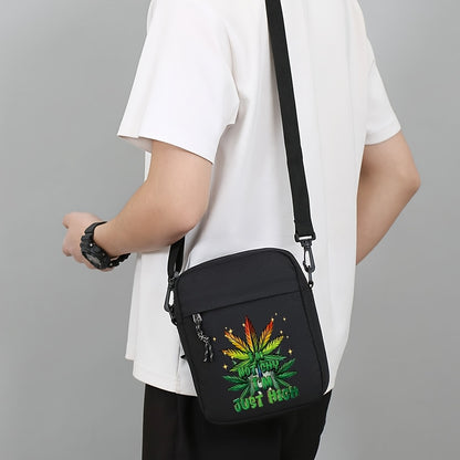 Men's Black Oxford Crossbody Bag with Leaf & "Not Cheap Just Rich" Print - Adjustable Strap, Compact Minimalist Design for Daily Commute & Casual Outings, Casual Shoulder Bag | Unique Graphic Bag | Stylish Leaf Design