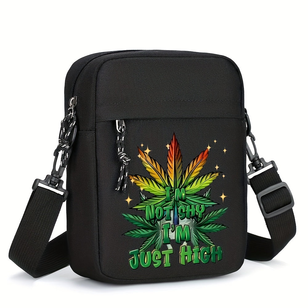 Men's Black Oxford Crossbody Bag with Leaf & "Not Cheap Just Rich" Print - Adjustable Strap, Compact Minimalist Design for Daily Commute & Casual Outings, Casual Shoulder Bag | Unique Graphic Bag | Stylish Leaf Design