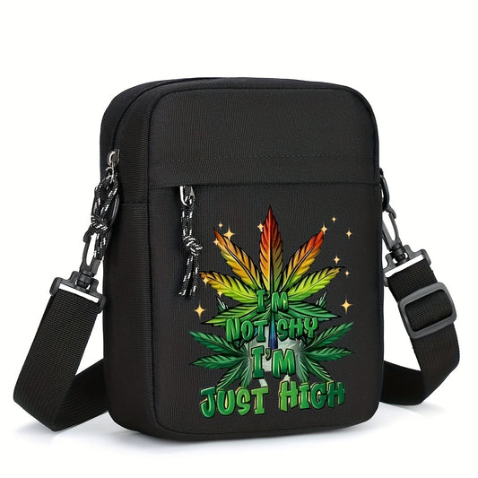 Men's Black Oxford Crossbody Bag with Leaf & "Not Cheap Just Rich" Print - Adjustable Strap, Compact Minimalist Design for Daily Commute & Casual Outings, Casual Shoulder Bag | Unique Graphic Bag | Stylish Leaf Design