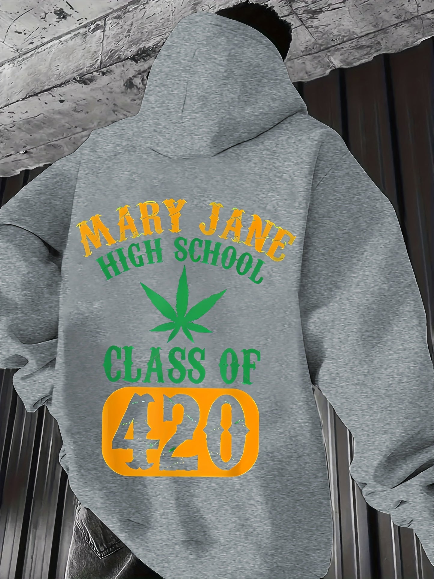 Men'S Casual Hoodie with "Mary Jane High School Class of 420" Print - Gray Pullover with Green Leaf Design, Comfortable Winter Wear, Everyday Comfort|Leaf Print Hoodie|Stretch Fabric, Sweater Hoodie