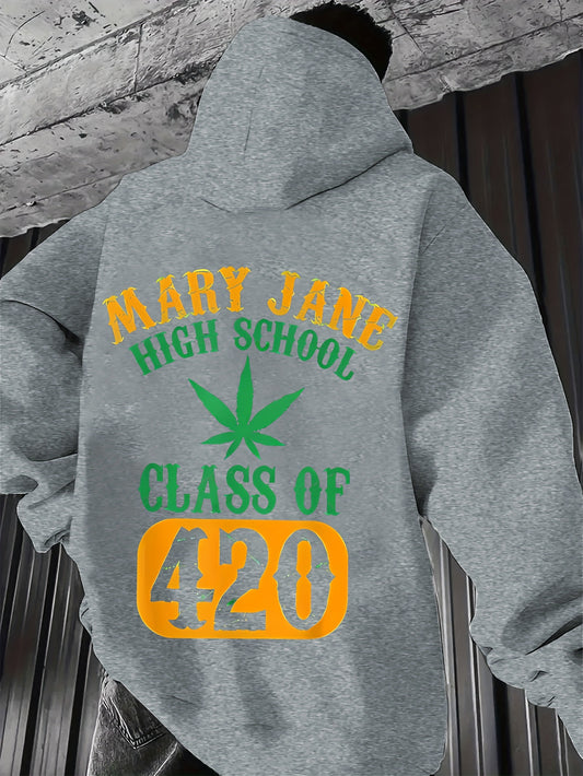 Men'S Casual Hoodie with "Mary Jane High School Class of 420" Print - Gray Pullover with Green Leaf Design, Comfortable Winter Wear, Everyday Comfort|Leaf Print Hoodie|Stretch Fabric, Sweater Hoodie