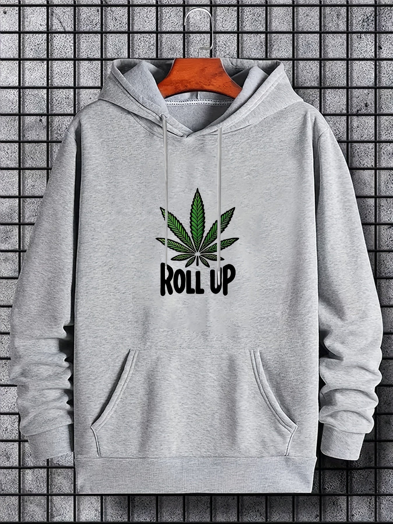 Men's Polyester Hooded Sweatshirt with Geometric Leaf Applique, Sports Style Active Hoodie with Slight Stretch, Regular Fit Knit Fabric Pullover - Casual Hip Hop Streetwear