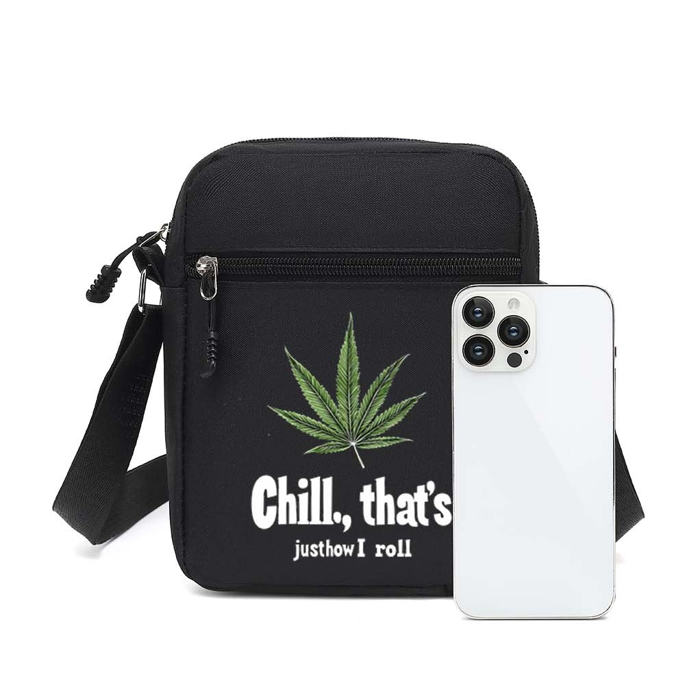 Men's Stylish Black Crossbody Bag with "Chill, That's Just How I Roll" Leaf Design - Casual Shoulder Bag for Everyday Use