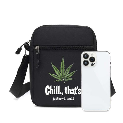 Men's Stylish Black Crossbody Bag with "Chill, That's Just How I Roll" Leaf Design - Casual Shoulder Bag for Everyday Use